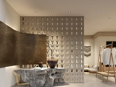 Modern Clothing Store Interior With Stone Desk Grid Wall And Wooden Rack 3d model