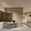 Modern Clothing Store Interior With Stone Desk Grid Wall And Wooden Rack