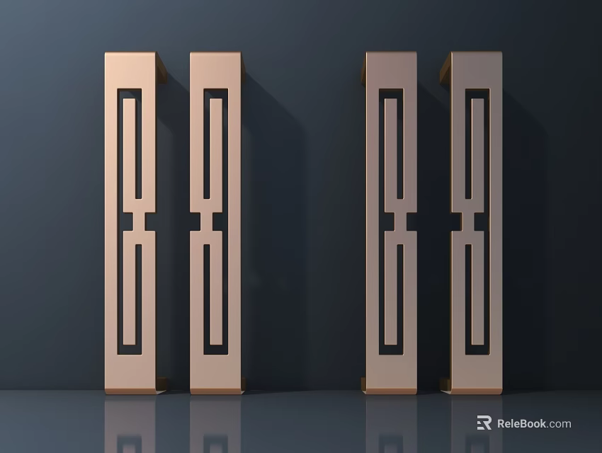 Public Facility Decorative Golden Pillars With Black Geometric Patterns Arranged In Row Against Gray Background 3d model 