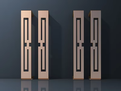 Public Facility Decorative Golden Pillars With Black Geometric Patterns Arranged In Row Against Gray Background 3d model