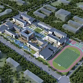Modern School Campus With Classroom Buildings Sports Field And Lush Greenery
