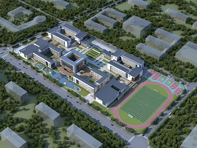 Modern School Campus With Classroom Buildings Sports Field And Lush Greenery 3d model