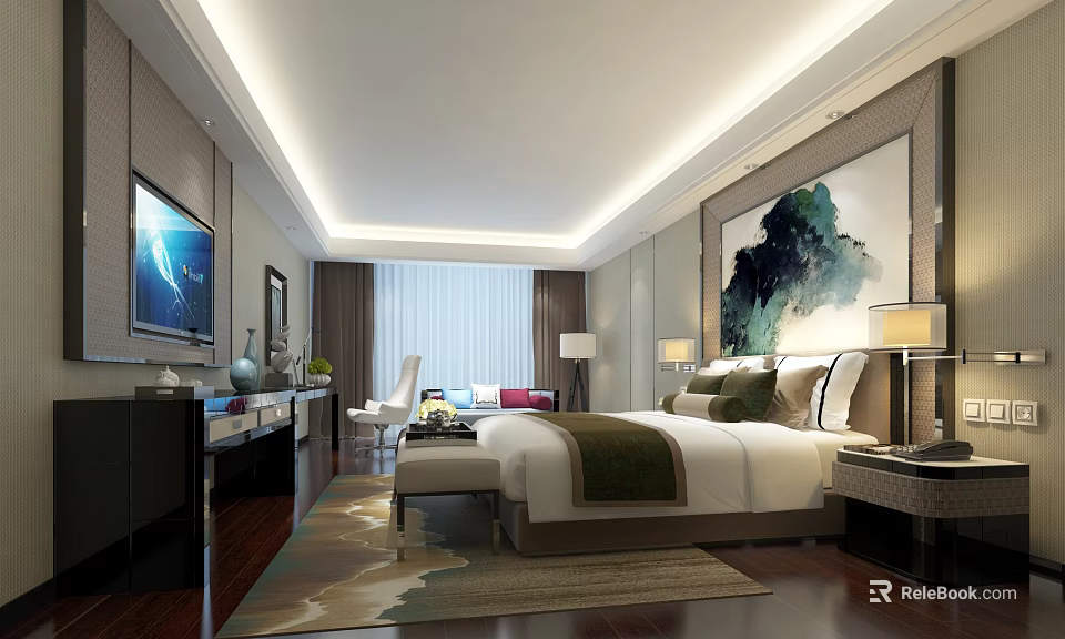 Luxurious Modern Hotel Guest Room With King Bed Decorative Painting Table Lamps And Wooden Floors 3d model 