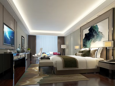 Luxurious Modern Hotel Guest Room With King Bed Decorative Painting Table Lamps And Wooden Floors 3d model