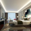 Luxurious Modern Hotel Guest Room With King Bed Decorative Painting Table Lamps And Wooden Floors