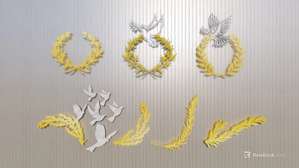 Elegant Wall Decor With Yellow Olive Wreaths Silver Doves And Leaf Accents 3d model 