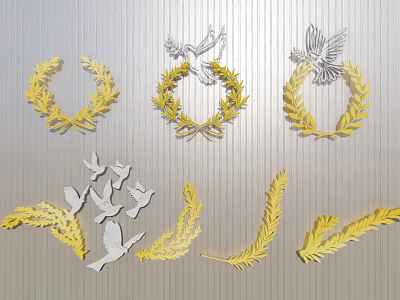 Elegant Wall Decor With Yellow Olive Wreaths Silver Doves And Leaf Accents 3d model