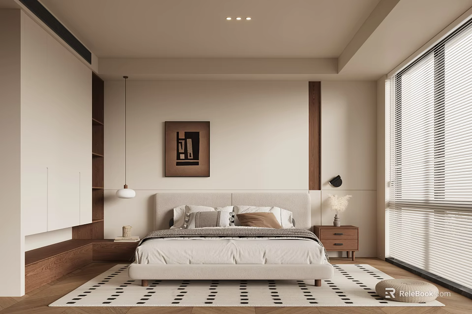 Modern Bedroom Interior Design With Bed Artwork Geometric Rug Lighting And Large Window 3d model 