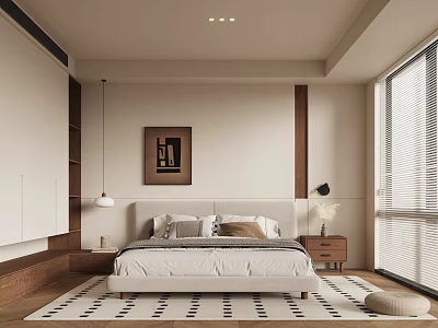 Modern Bedroom Interior Design With Bed Artwork Geometric Rug Lighting And Large Window 3d model
