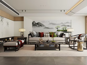 New Chinese Style Living Room Sofa Coffee Table Combination Green Plant Ornaments Table Lamp Background Wall 3d model