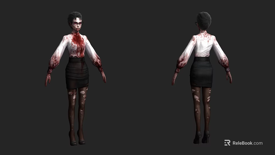 Game Movie Character With Bloodstained White Shirt Black Skirt Torn Stockings Black High Heels 3d model 