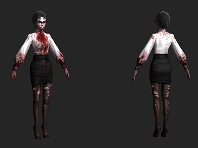 Game Movie Character With Bloodstained White Shirt Black Skirt Torn Stockings Black High Heels 3d model