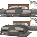 Modern Double Bed Interior With Leather Headboard Gray Blanket Pillows Nightstands Ottoman And Plant