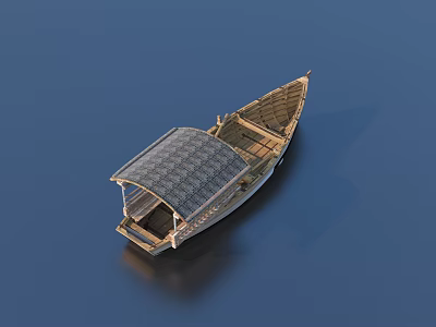 Traditional Wooden Boat With Canopy And Wooden Structure On Blue Surface 3d model