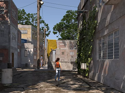 Urban Alley with Old Buildings Ivy Covered Walls and Person Walking in Sunlight 3d model