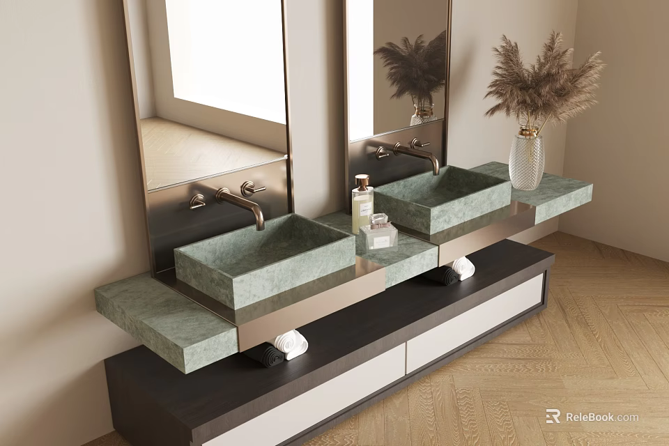 Modern Double Sink Vanity with Green Stone Basins Wall Mirrors and Pampas Vase 3d model 