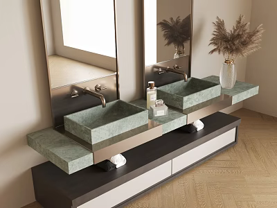 Modern Double Sink Vanity with Green Stone Basins Wall Mirrors and Pampas Vase 3d model