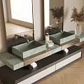 Modern Double Sink Vanity with Green Stone Basins Wall Mirrors and Pampas Vase