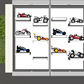 Display Cabinet Shelves Featuring Model Cars Motorcycles Glass Doors White Shelves and Green Plant Wall