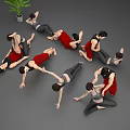 Group of People Practicing Yoga Poses With Potted Plants On Gray Floor 3d model
