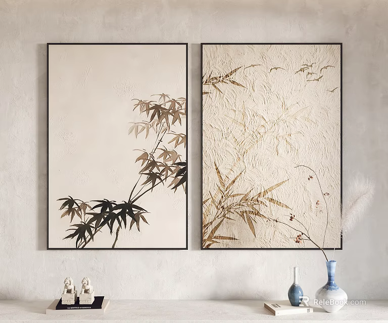 Abstract Bamboo Paintings With Black Frames On Gray Wall Home Decor 3d model