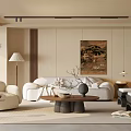 Modern Minimalist Living Room Interior With Beige Walls Sofa Coffee Table And Decorative Painting