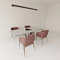White Rectangular Table With Four Pink Chairs And Black Linear Pendant Light In White Room 3d model