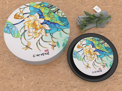 Colorful Circular Decorative Ornament Set With Lotus Flower Leaves And Black Border 3d model