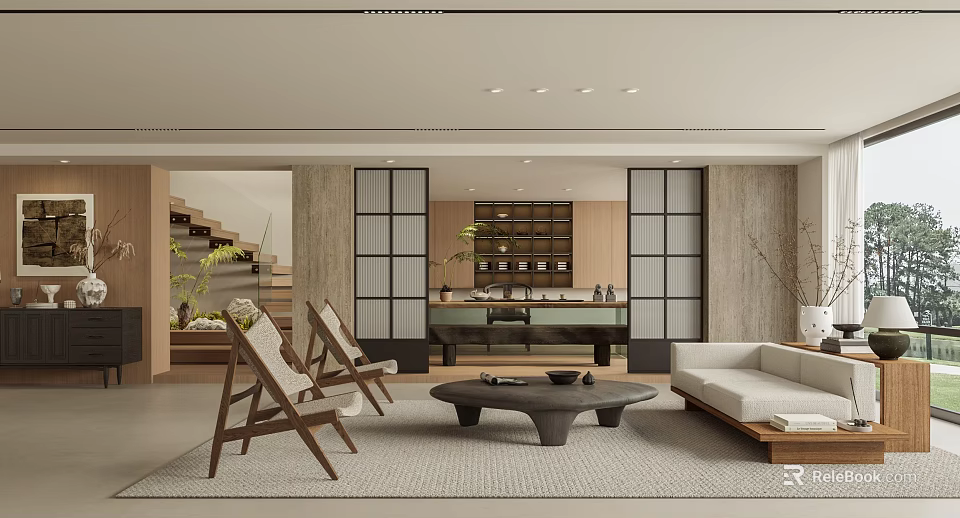 Modern Living Room Interior Design With Wooden Chairs Coffee Table Sofa And Neutral Rug 3d model 