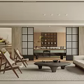 Modern Living Room Interior Design With Wooden Chairs Coffee Table Sofa And Neutral Rug