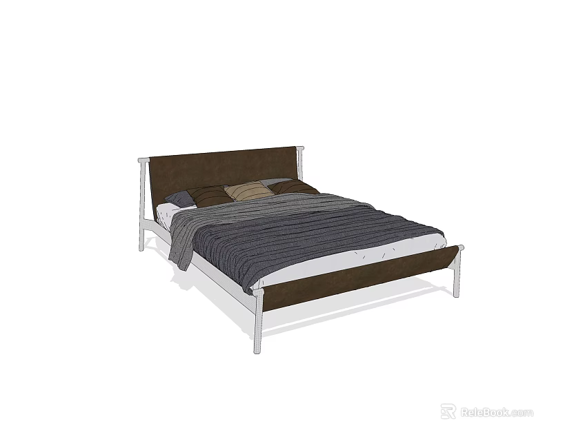 Modern Double Bed With Dark Headboard White Frame Gray Bedspread And Brown Pillows 3d model