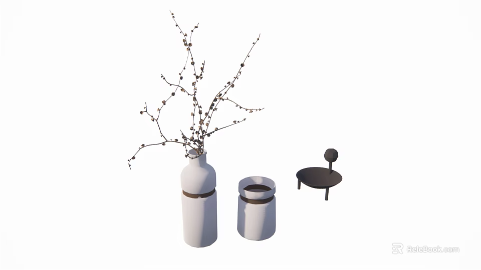 White Ceramic Vase with Branches and Small Flowers Decorative Interior Containers and Table 3d model