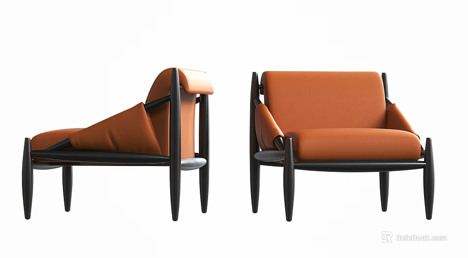 Modern Orange Leather Single Sofa With Black Wooden Frame Design 3d model