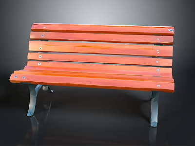 Stylish Red Wooden Bench With Metal Legs And Slat Design 3d model