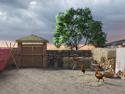 Rustic Garden Landscape With Thatched Roof Gate Stone Wall Large Green Tree Haystacks And Chickens 3d model