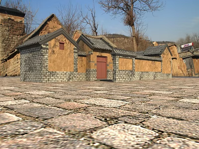 Ancient Traditional Architecture With Brick Walls Red Door And Stone Paved Courtyard 3d model