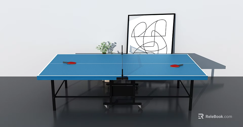 Sturdy Blue Ping Pong Table With Black Frame Two Red Paddles And Net 3d model 