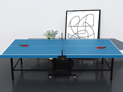 Sturdy Blue Ping Pong Table With Black Frame Two Red Paddles And Net 3d model