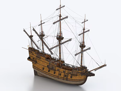 Highly Detailed 3D Model Of Wooden Sailing Ship With Multiple Masts And Rigging 3d model