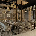 Elegant Chinese Restaurant Interior With Hanging Lanterns Wooden Tables And Brick Walls