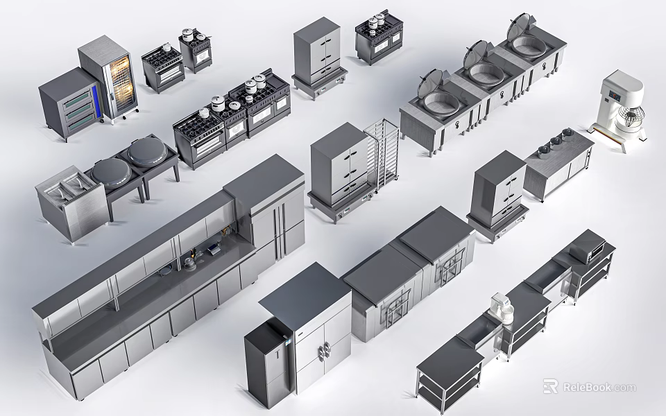 Stainless Steel Commercial Kitchen Equipment With Cooking Ranges Sinks And Storage Cabinets 3d model 