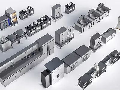 Stainless Steel Commercial Kitchen Equipment With Cooking Ranges Sinks And Storage Cabinets 3d model