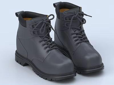 Gray Leather Lace Up Work Boots With Thick Non Slip Soles 3d model