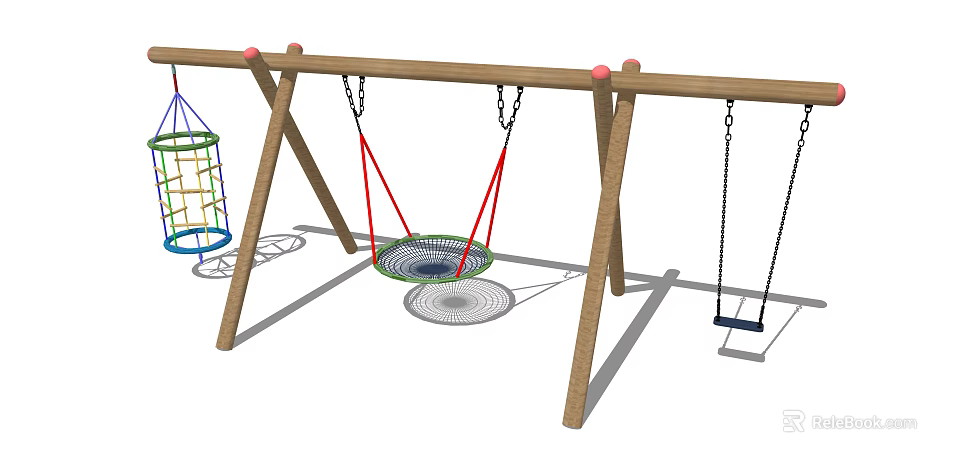 Outdoor Playground Equipment With Wooden Frame Net Swings Traditional Swings And Colorful Climbing Net 3d model 
