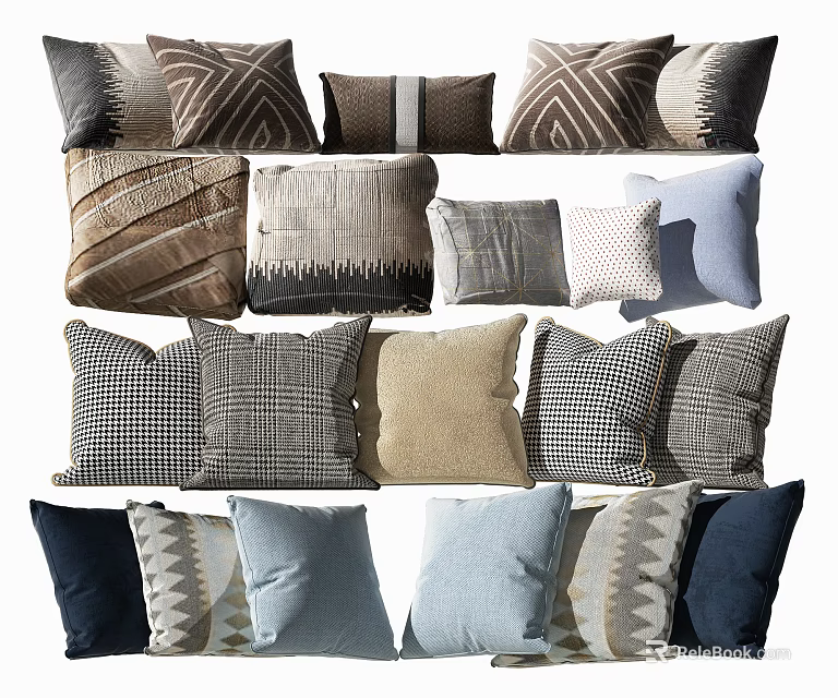 Various Patterned Decorative Pillows In Neutral And Soft Colored Textured Fabrics 3d model 