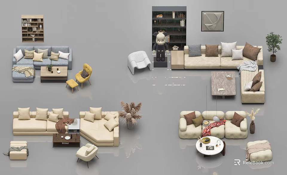 Modern Sofa And Coffee Table Set With Decorative Cushions Accent Chairs And Plants 3d model 