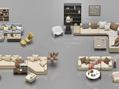 Modern Sofa And Coffee Table Set With Decorative Cushions Accent Chairs And Plants 3d model