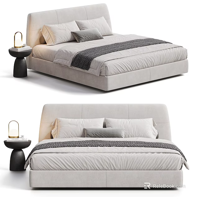 Modern Double Bed with Upholstered Headboard Neutral Tones Bedding and Bedside Lamp 3d model 
