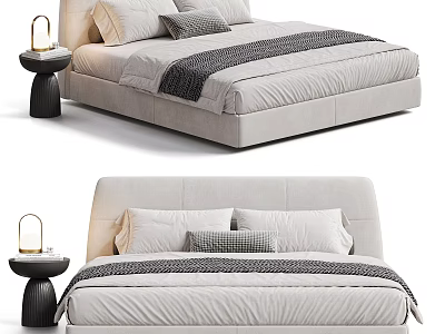 Modern Double Bed with Upholstered Headboard Neutral Tones Bedding and Bedside Lamp 3d model