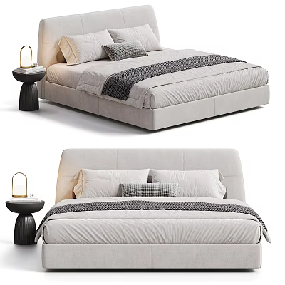 Modern Double Bed with Upholstered Headboard Neutral Tones Bedding and Bedside Lamp 3d model